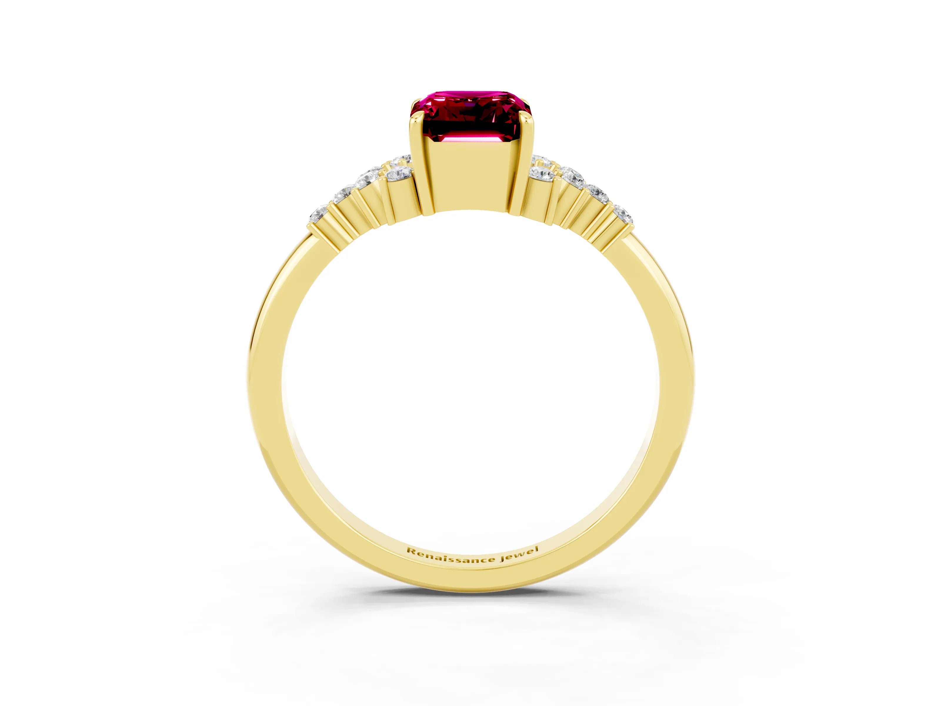 Yellow gold Emerald Cut Garnet Ring with Side Stones and Four-Prong Setting_39