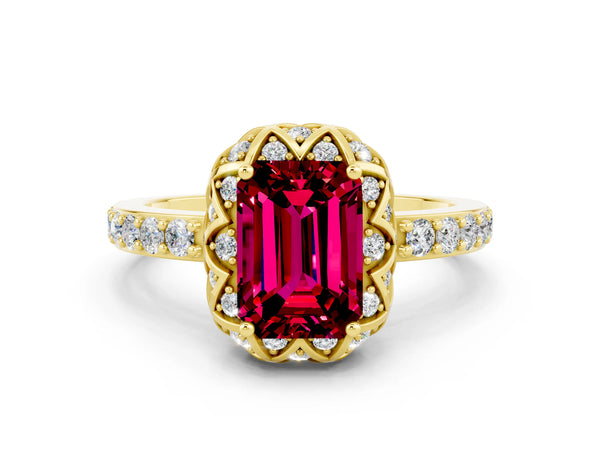 Yellow gold Emerald Cut Garnet Scalloped Halo Engagement Ring with Round Shared Prong Band