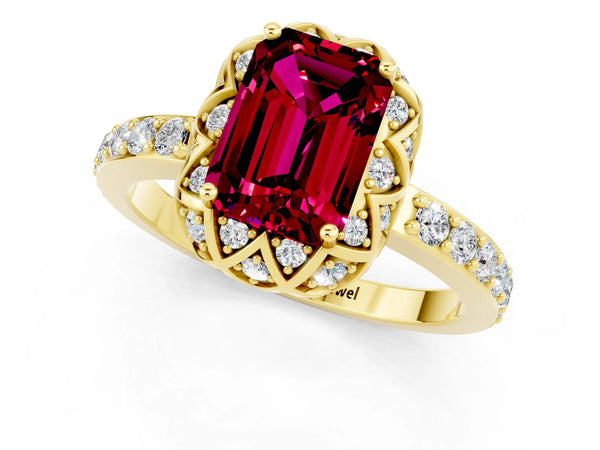 Yellow gold Emerald Cut Garnet Scalloped Halo Engagement Ring with Round Shared Prong Band