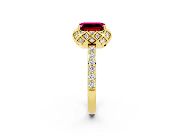 Yellow gold Emerald Cut Garnet Scalloped Halo Engagement Ring with Round Shared Prong Band