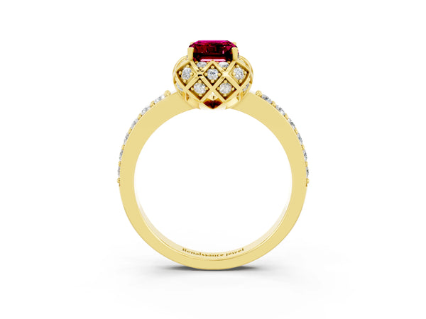 Yellow gold Emerald Cut Garnet Scalloped Halo Engagement Ring with Round Shared Prong Band