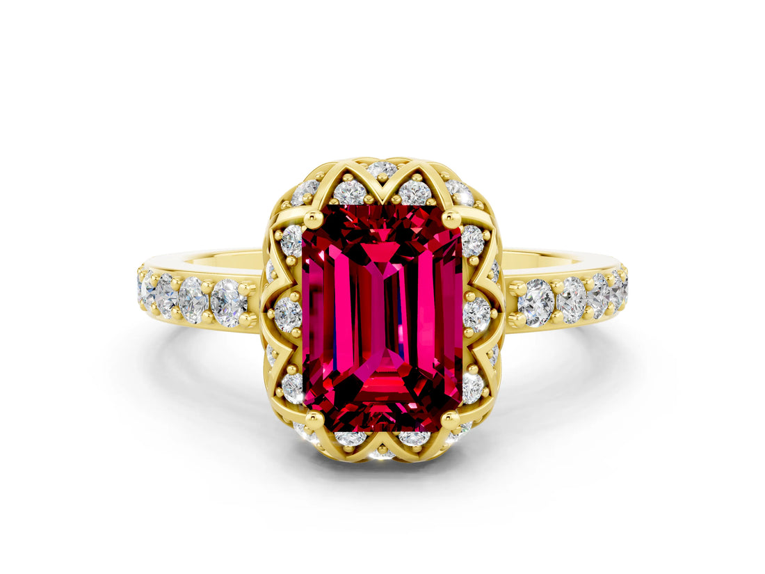 Yellow gold Emerald Cut Garnet Scalloped Halo Engagement Ring with Round Shared Prong Band_24