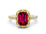 Yellow gold Emerald Cut Garnet Scalloped Halo Engagement Ring with Round Shared Prong Band_24