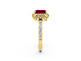 Yellow gold Emerald Cut Garnet Scalloped Halo Engagement Ring with Round Shared Prong Band_26