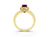 Yellow gold Emerald Cut Garnet Scalloped Halo Engagement Ring with Round Shared Prong Band_27
