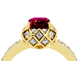 Yellow gold Emerald Cut Garnet Scalloped Halo Engagement Ring with Round Shared Prong Band_28