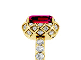 Yellow gold Emerald Cut Garnet Scalloped Halo Engagement Ring with Round Shared Prong Band_29