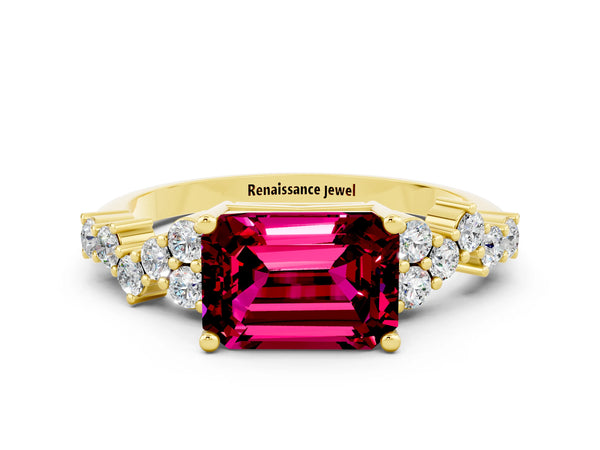 Yellow gold Emerald Cut Garnet Scattered Round Accent Ring with Prong Setting