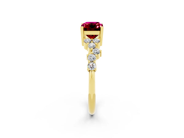 Yellow gold Emerald Cut Garnet Scattered Round Accent Ring with Prong Setting