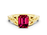 Yellow gold Emerald Cut Garnet Solitaire Celtic Knot Ring with Four-Prong Setting_12