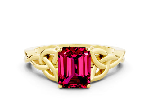 Yellow gold Emerald Cut Garnet Solitaire Celtic Knot Ring with Four-Prong Setting_12