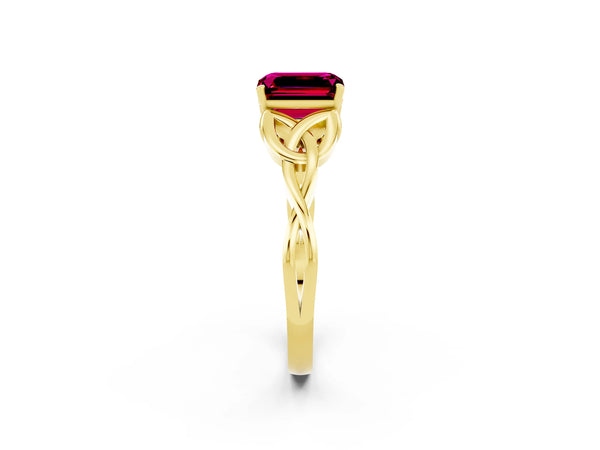 Yellow gold Emerald Cut Garnet Solitaire Celtic Knot Ring with Four-Prong Setting