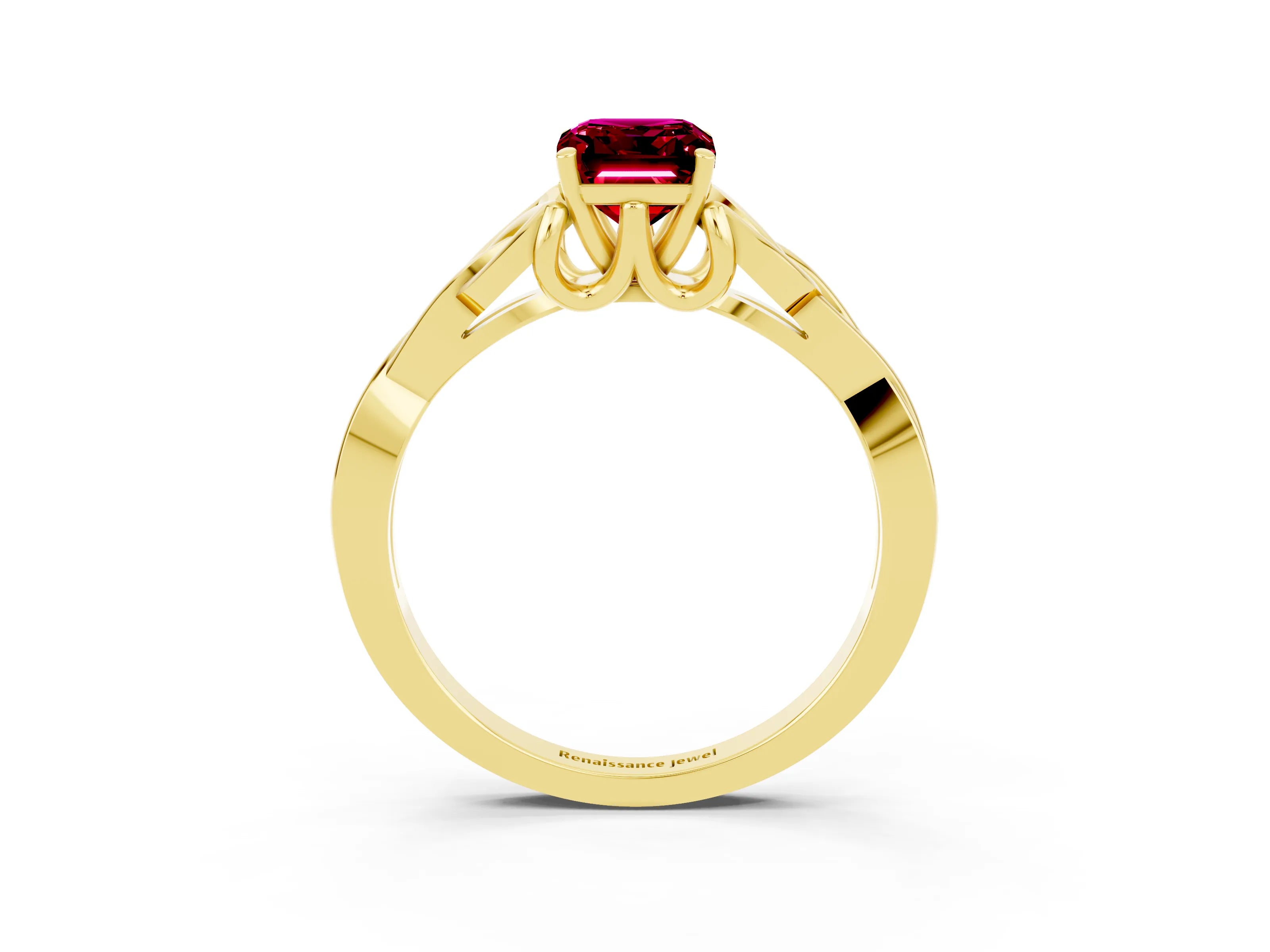 Yellow gold Emerald Cut Garnet Solitaire Celtic Knot Ring with Four-Prong Setting_15