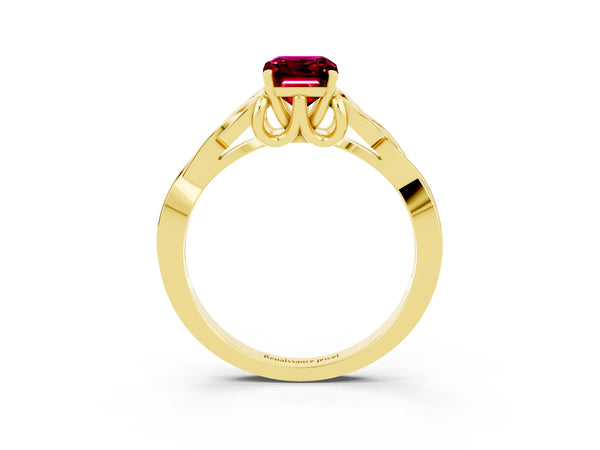 Yellow gold Emerald Cut Garnet Solitaire Celtic Knot Ring with Four-Prong Setting