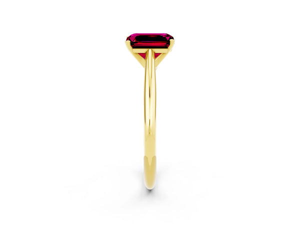 Yellow gold Emerald Cut Garnet Solitaire Engagement Ring with Cathedral Setting and Four-Prong Mount