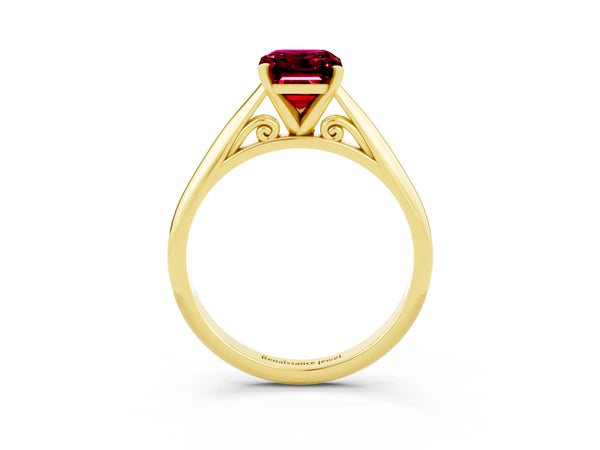 Yellow gold Emerald Cut Garnet Solitaire Engagement Ring with Cathedral Setting and Four-Prong Mount