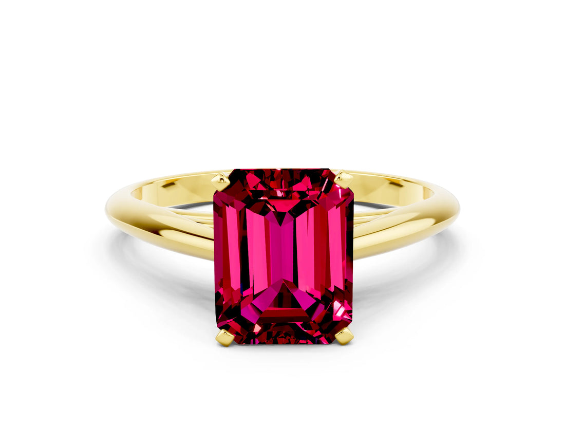 Yellow gold Emerald Cut Garnet Solitaire Engagement Ring with Cathedral Setting and Four-Prong Mount_66