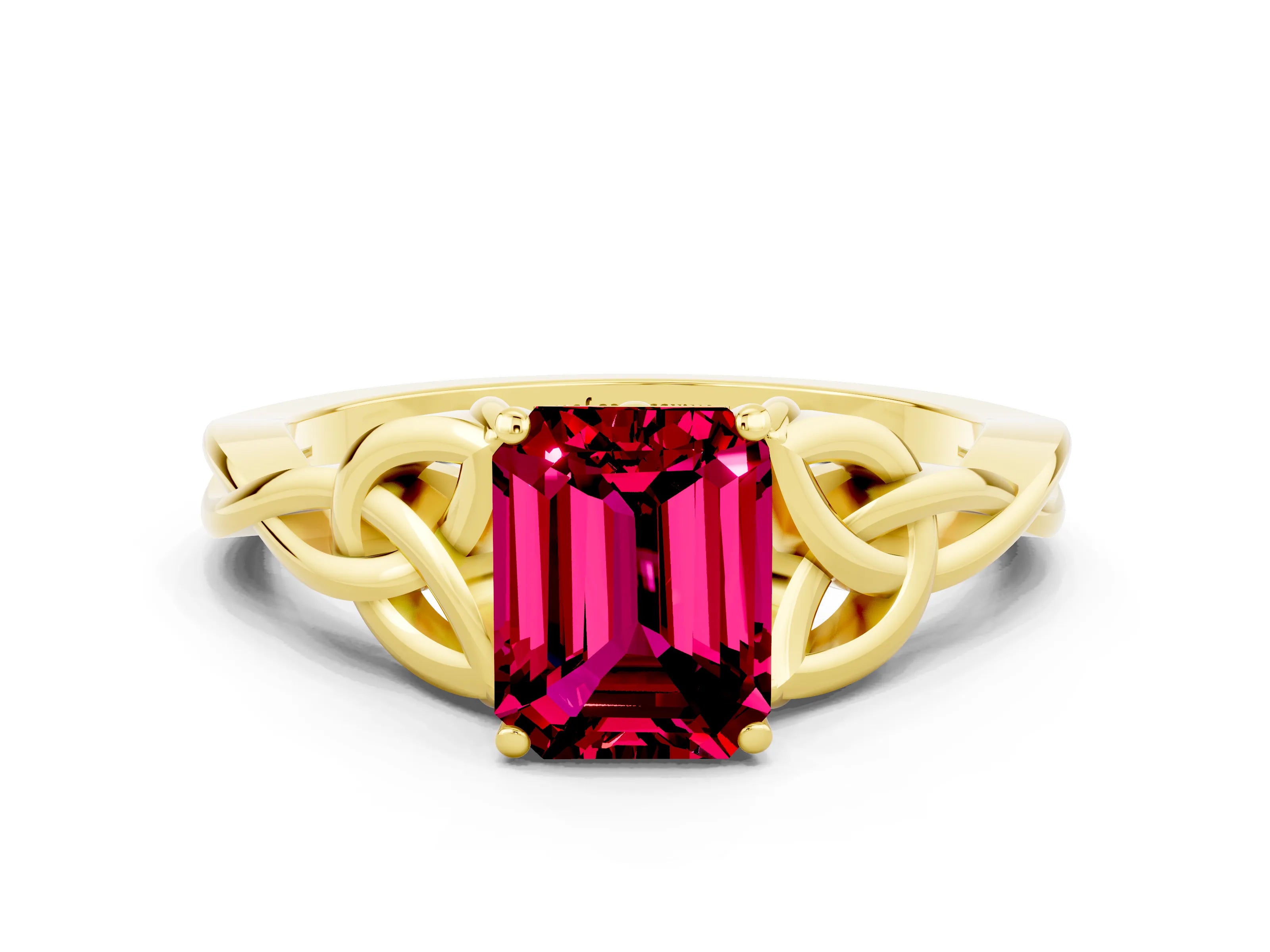 Yellow gold Emerald Cut Garnet Solitaire Engagement Ring with Celtic Knot Band and Four-Prong Setting