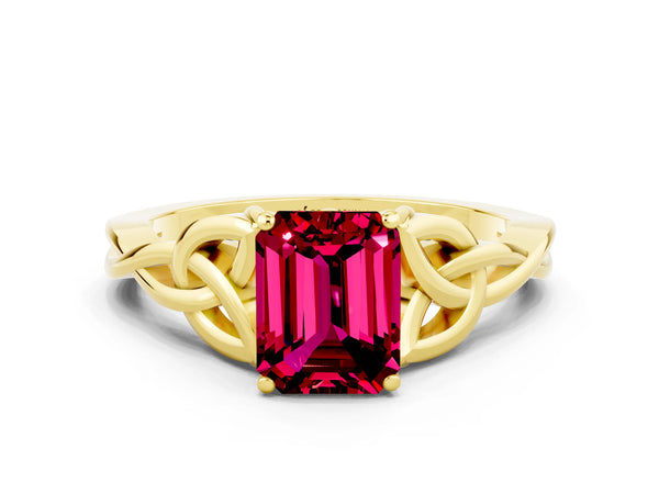 Yellow gold Emerald Cut Garnet Solitaire Engagement Ring with Celtic Knot Band and Four-Prong Setting