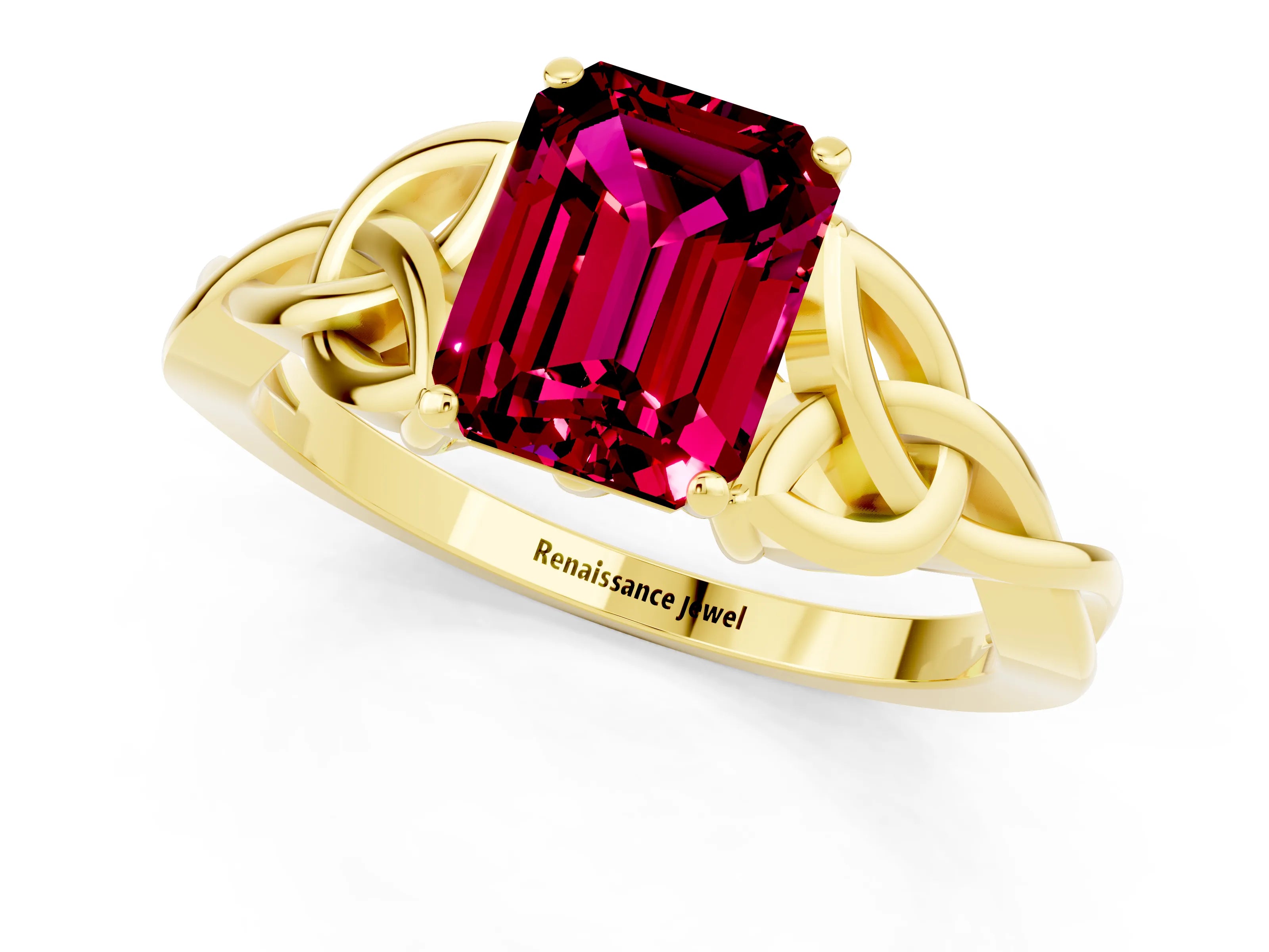 Yellow gold Emerald Cut Garnet Solitaire Engagement Ring with Celtic Knot Band and Four-Prong Setting_1