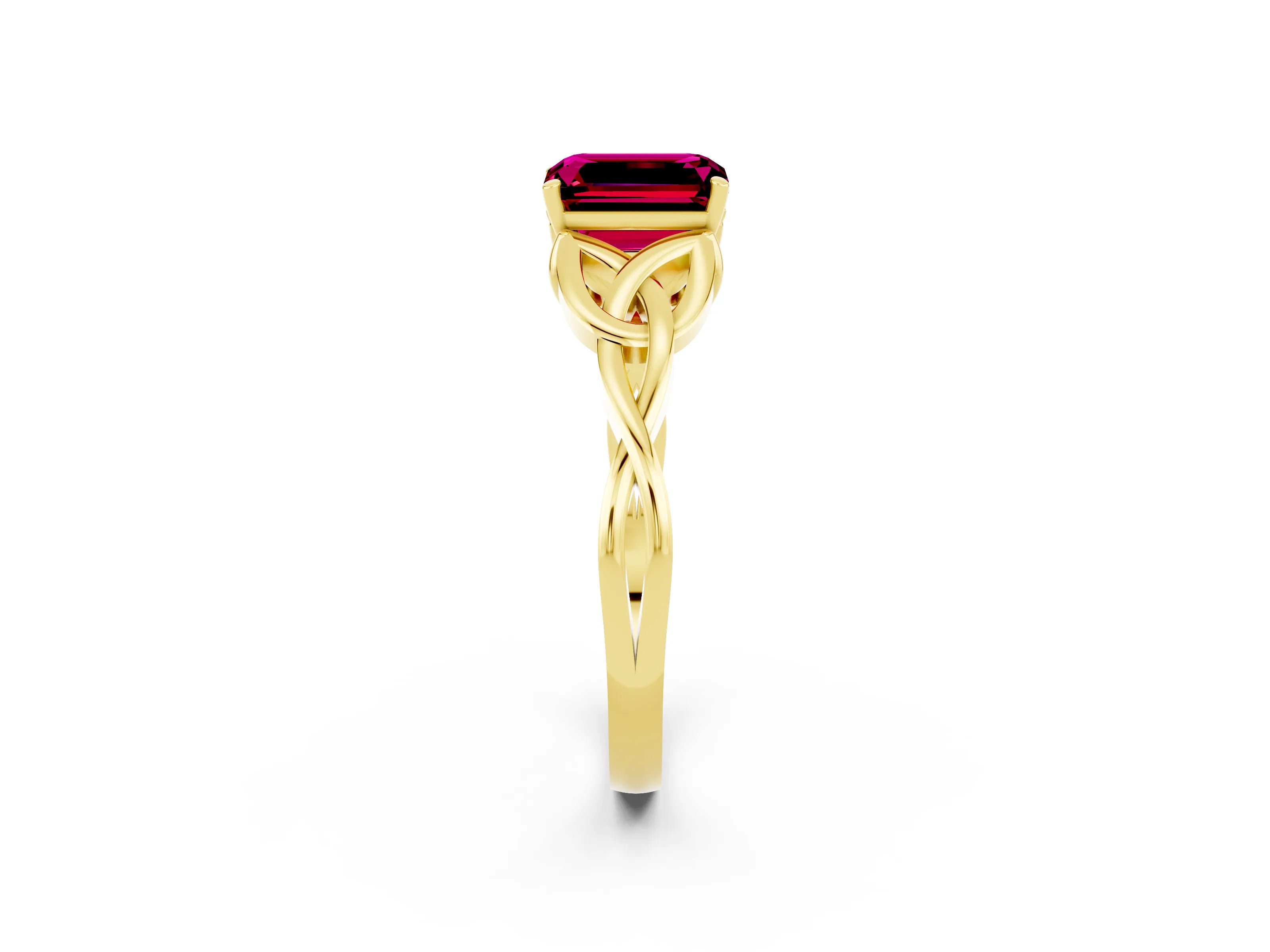 Yellow gold Emerald Cut Garnet Solitaire Engagement Ring with Celtic Knot Band and Four-Prong Setting_2