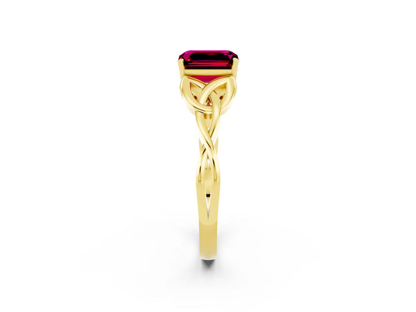 Yellow gold Emerald Cut Garnet Solitaire Engagement Ring with Celtic Knot Band and Four-Prong Setting