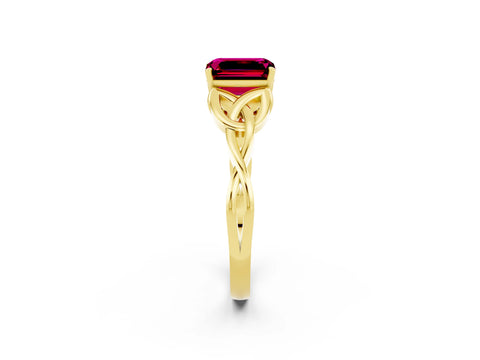 Yellow gold Emerald Cut Garnet Solitaire Engagement Ring with Celtic Knot Band and Four-Prong Setting_2