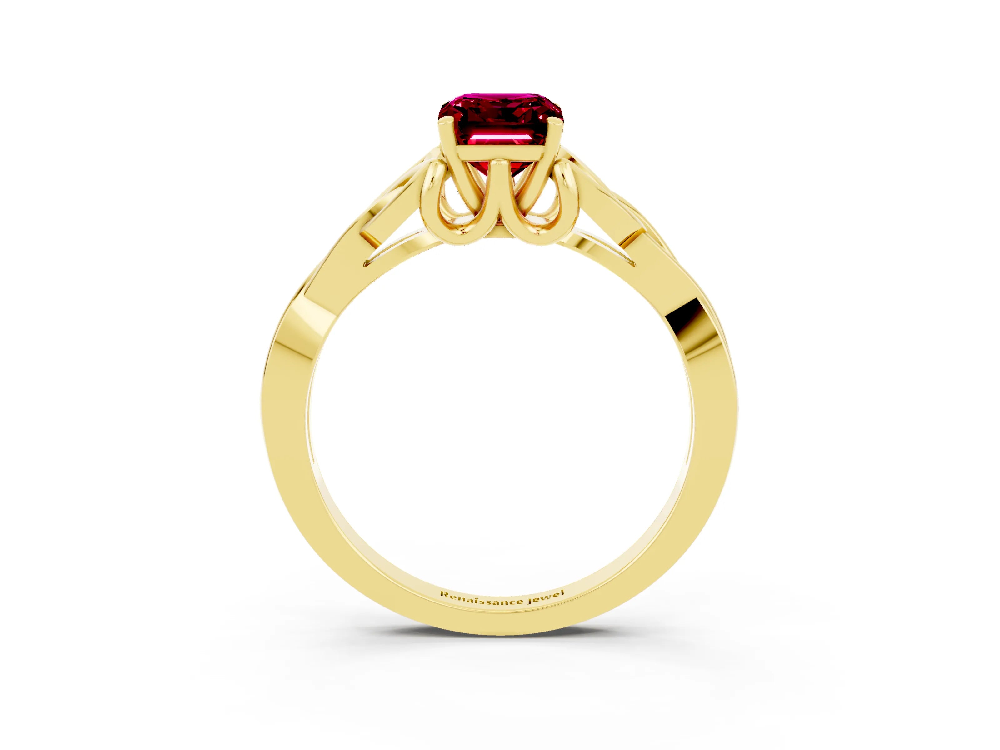 Yellow gold Emerald Cut Garnet Solitaire Engagement Ring with Celtic Knot Band and Four-Prong Setting_3