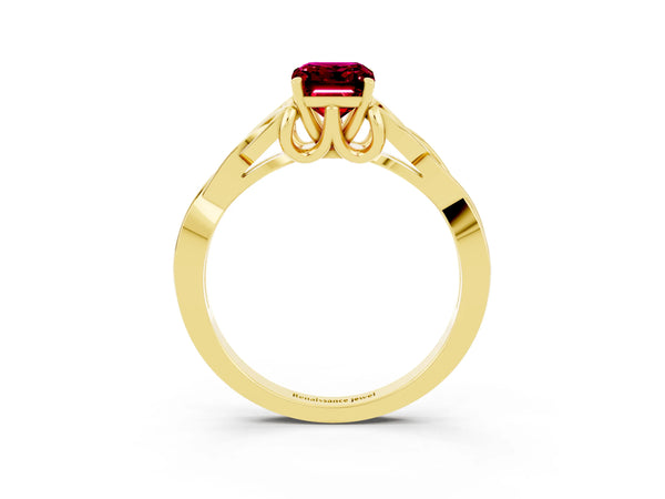Yellow gold Emerald Cut Garnet Solitaire Engagement Ring with Celtic Knot Band and Four-Prong Setting