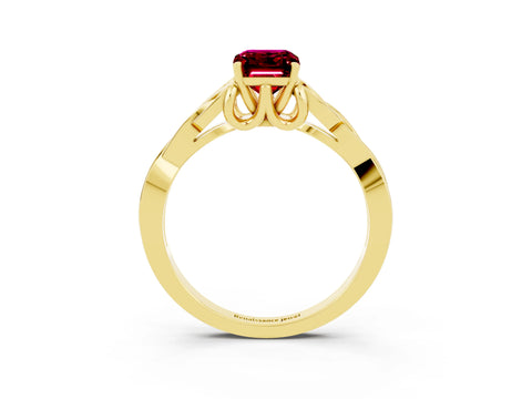 Yellow gold Emerald Cut Garnet Solitaire Engagement Ring with Celtic Knot Band and Four-Prong Setting_3