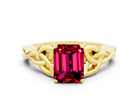 Yellow gold Emerald Cut Garnet Solitaire Engagement Ring with Celtic Knot Band and Four-Prong Setting