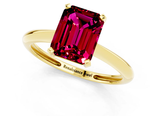 Yellow gold Emerald Cut Garnet Solitaire Engagement Ring with Classic Band and Four-Prong Setting