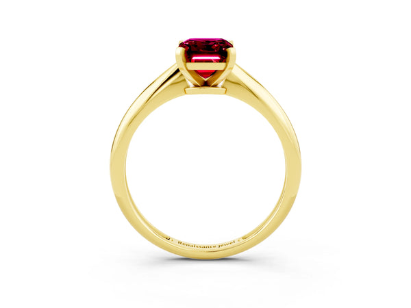 Yellow gold Emerald Cut Garnet Solitaire Engagement Ring with Classic Band and Four-Prong Setting