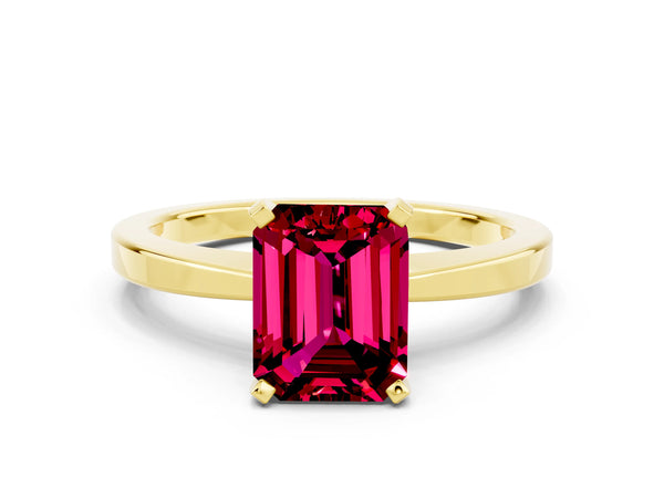 Yellow gold Emerald Cut Garnet Solitaire Engagement Ring with Classic Band and Four-Prong Setting