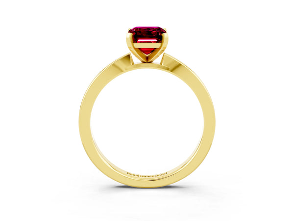 Yellow gold Emerald Cut Garnet Solitaire Engagement Ring with Classic Band and Four-Prong Setting