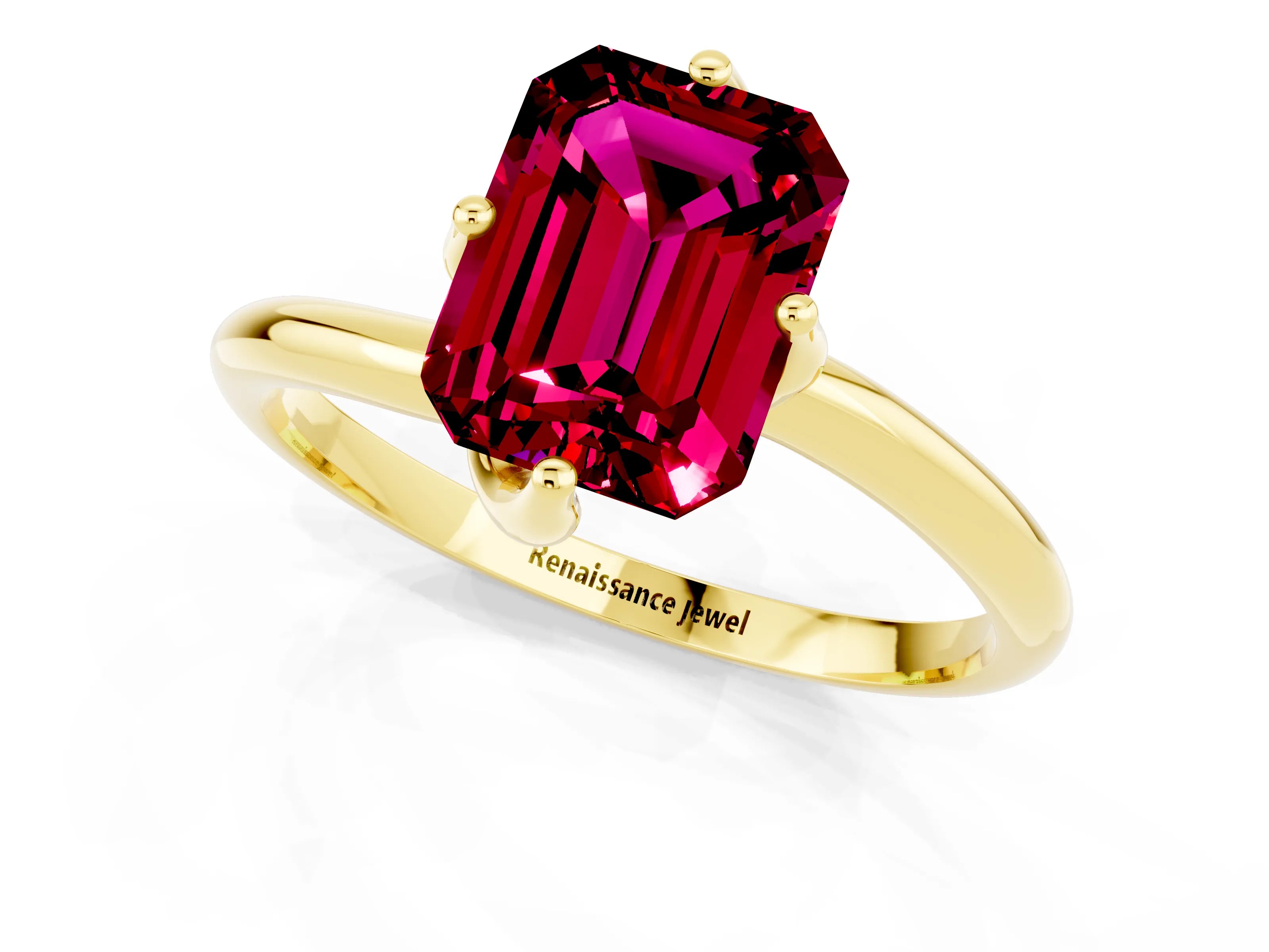 Yellow gold Emerald Cut Garnet Solitaire Engagement Ring with Four-Prong Setting and Classic Band_13