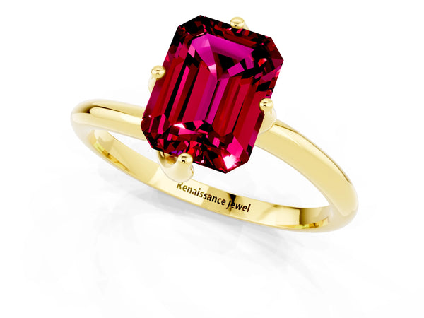 Yellow gold Emerald Cut Garnet Solitaire Engagement Ring with Four-Prong Setting and Classic Band