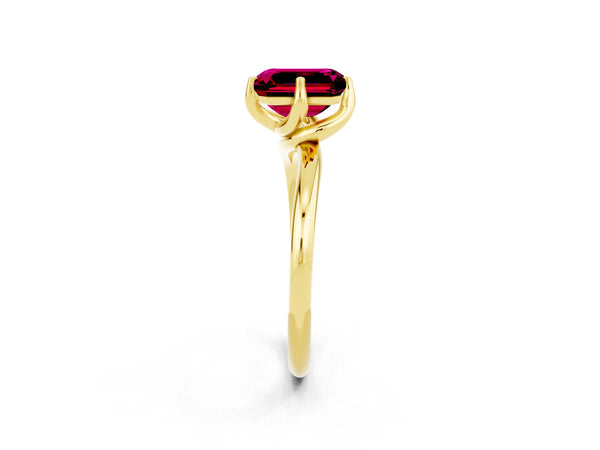 Yellow gold Emerald Cut Garnet Solitaire Engagement Ring with Four-Prong Setting and Classic Band