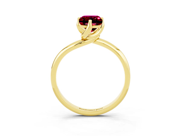 Yellow gold Emerald Cut Garnet Solitaire Engagement Ring with Four-Prong Setting and Classic Band