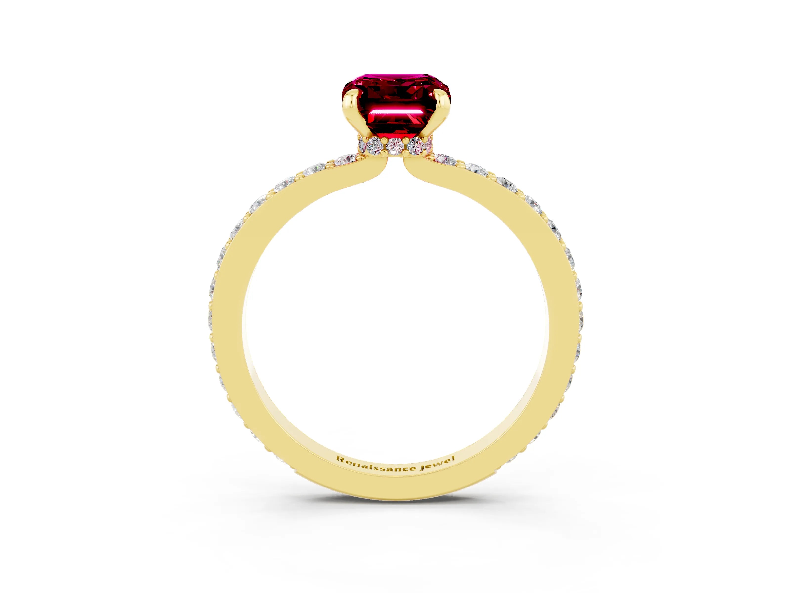 Yellow gold Emerald Cut Garnet Solitaire Engagement Ring with Pavé Band and Four-Prong Setting_3