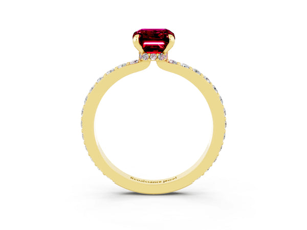 Yellow gold Emerald Cut Garnet Solitaire Engagement Ring with Pavé Band and Four-Prong Setting