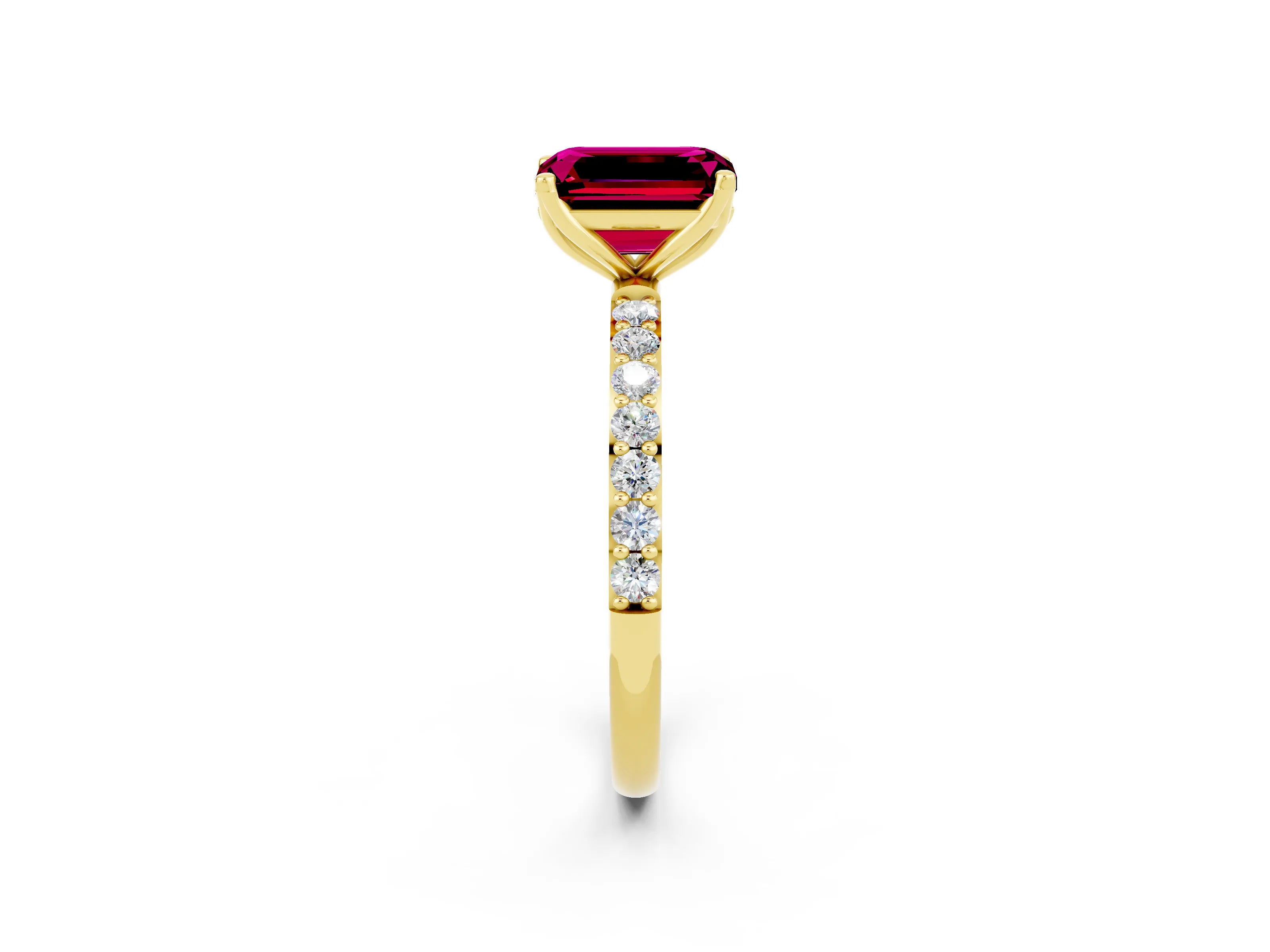Yellow gold Emerald Cut Garnet Solitaire Engagement Ring with Pavé Band and Prong Setting_2