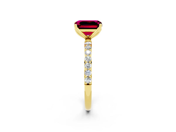 Yellow gold Emerald Cut Garnet Solitaire Engagement Ring with Round  Pavé Band and Prong Setting