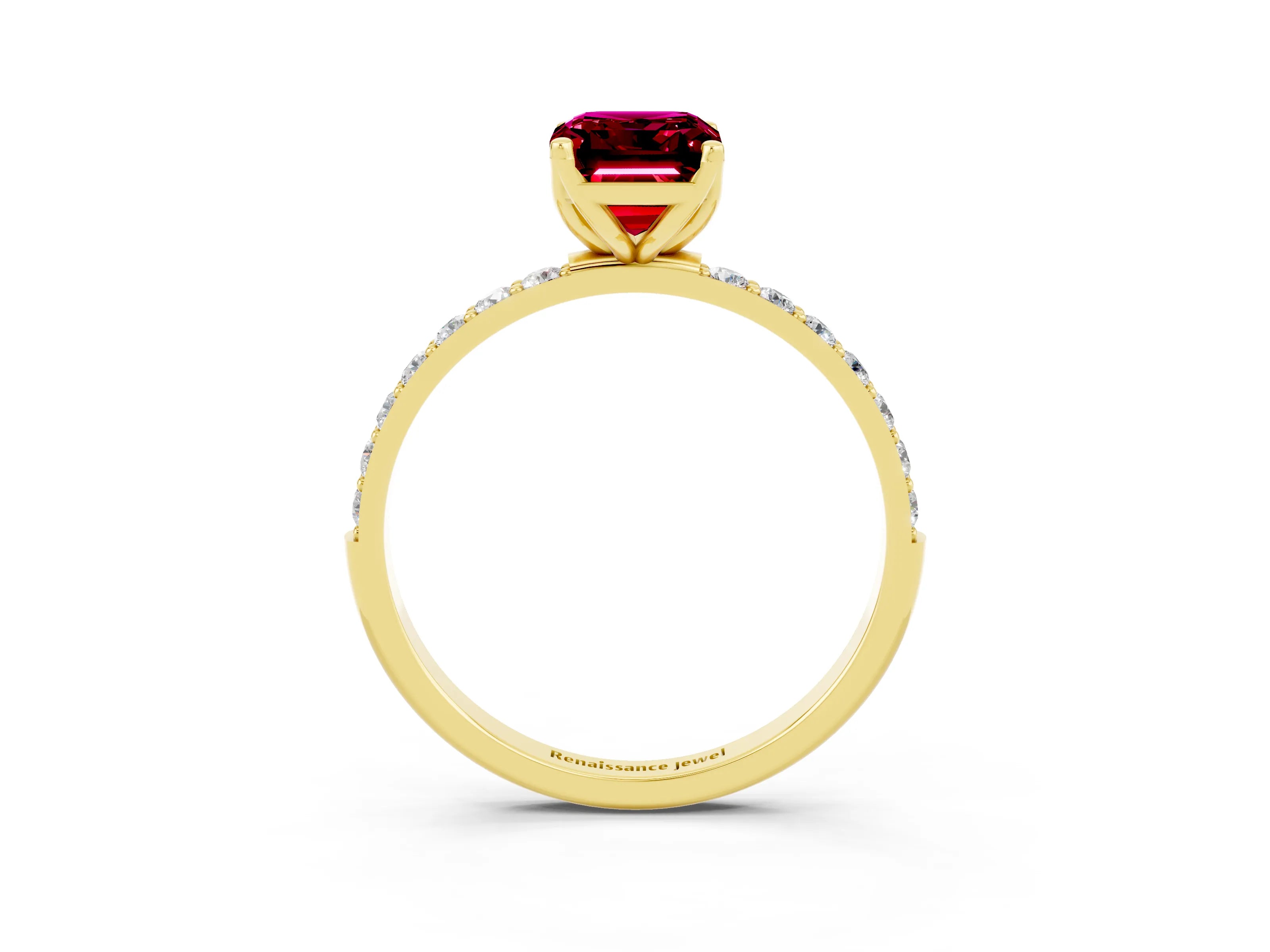 Yellow gold Emerald Cut Garnet Solitaire Engagement Ring with Pavé Band and Prong Setting_3