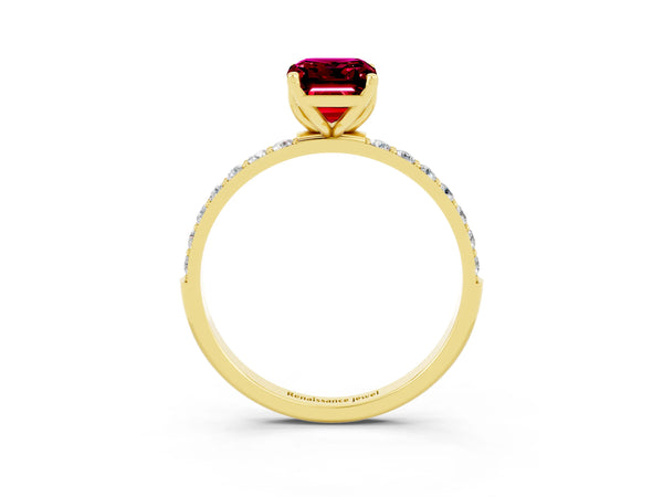 Yellow gold Emerald Cut Garnet Solitaire Engagement Ring with Round  Pavé Band and Prong Setting