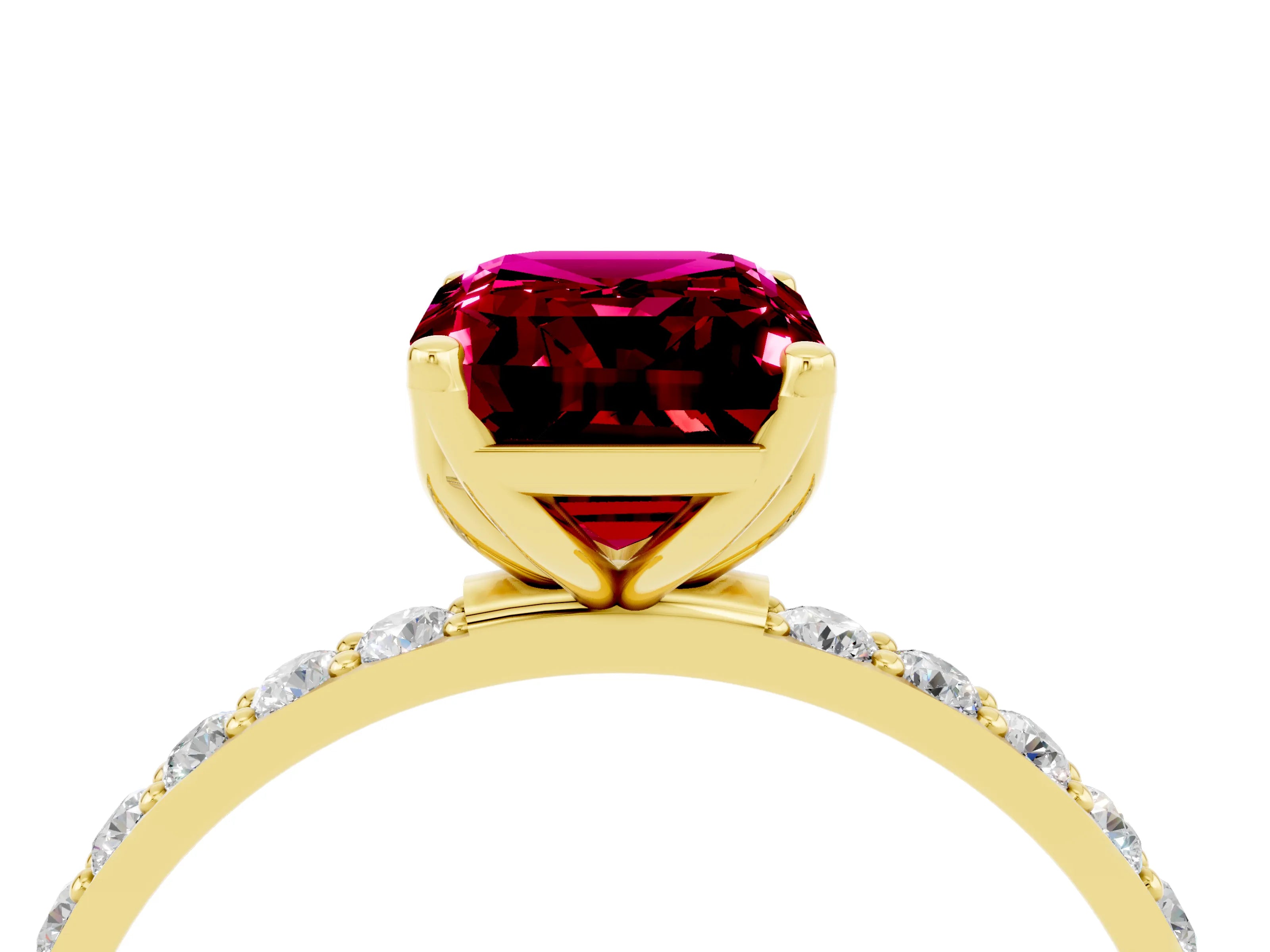 Yellow gold Emerald Cut Garnet Solitaire Engagement Ring with Pavé Band and Prong Setting_4