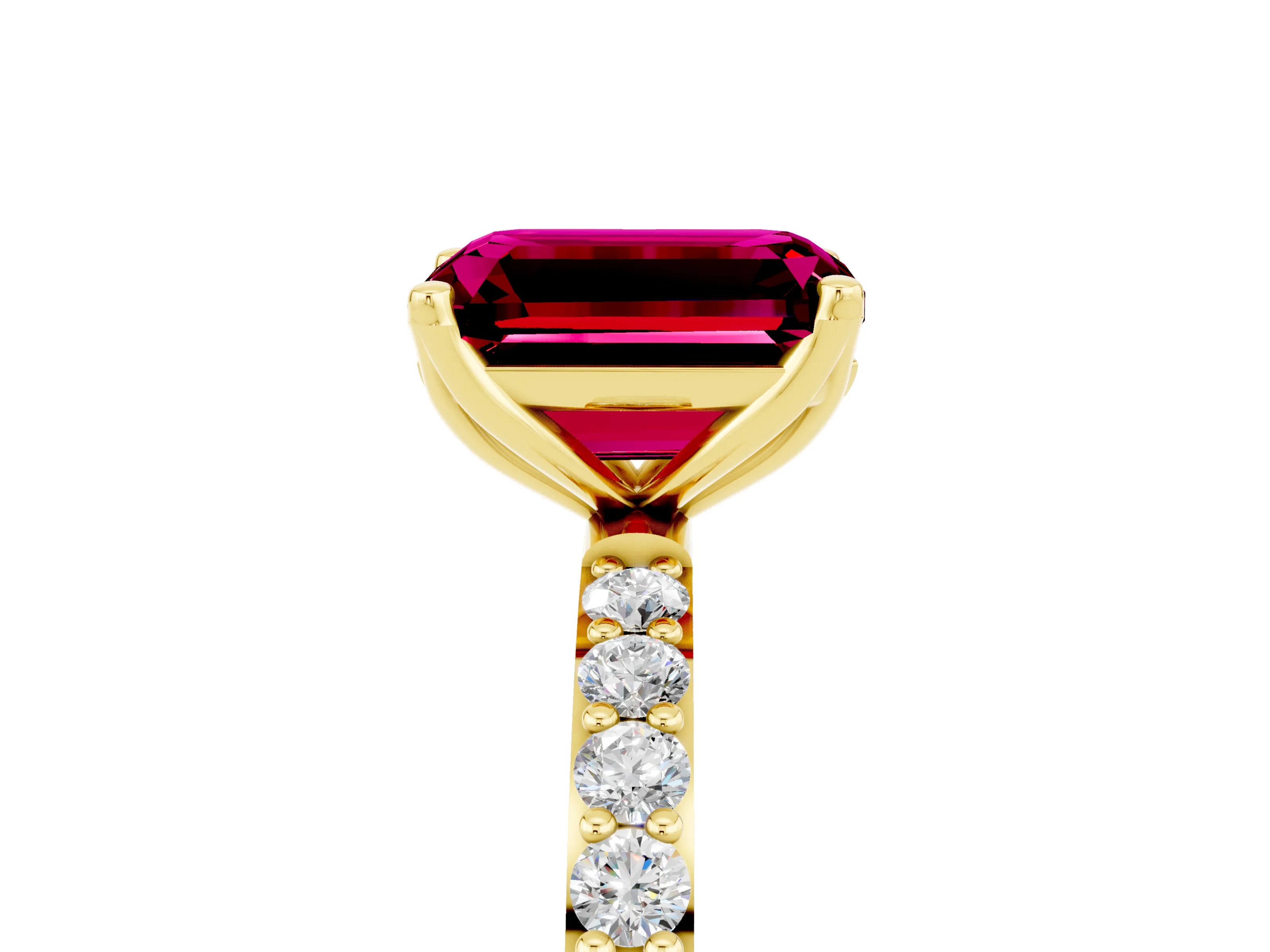 Yellow gold Emerald Cut Garnet Solitaire Engagement Ring with Pavé Band and Prong Setting_5