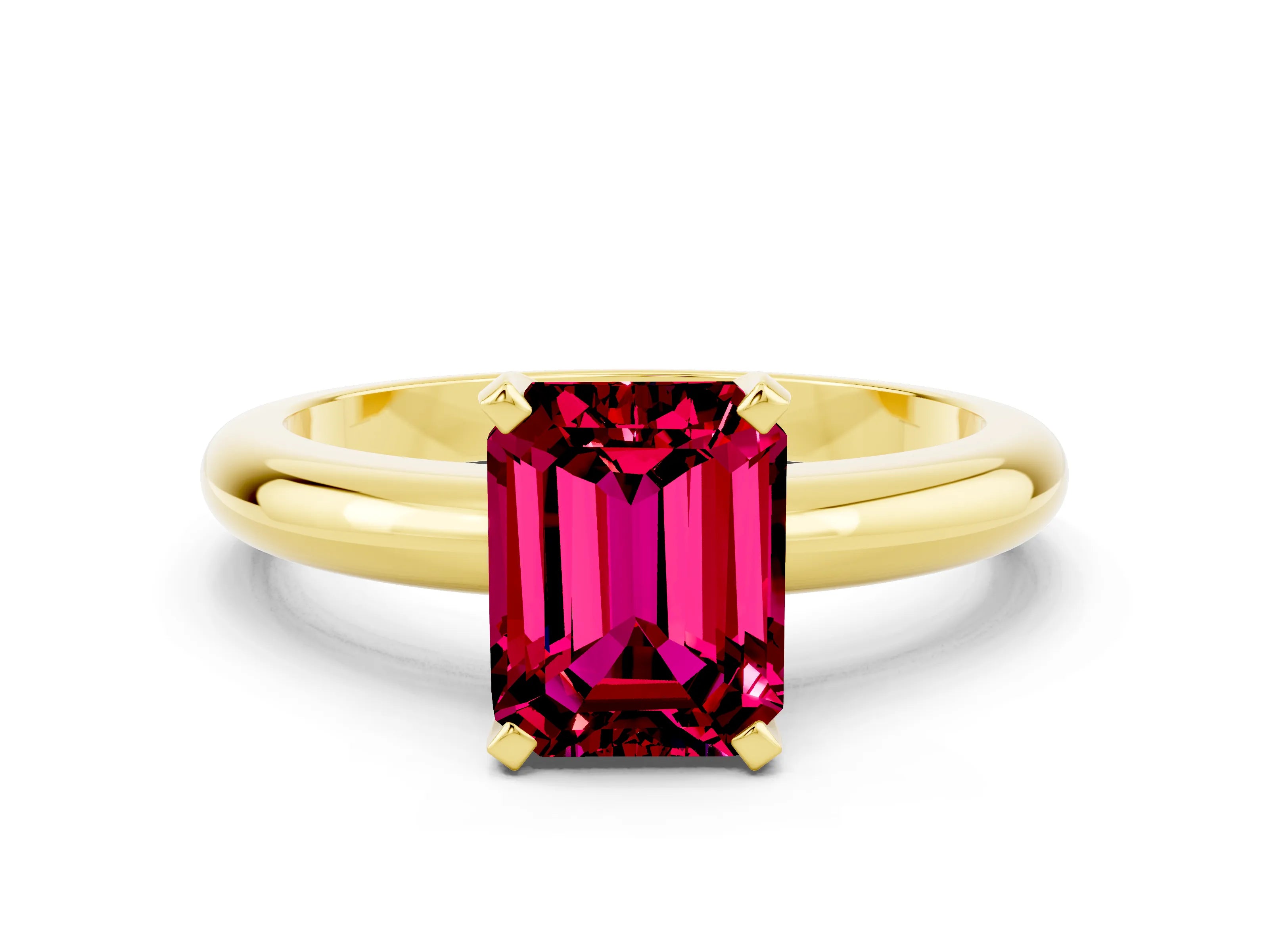 Yellow gold Emerald Cut Garnet Solitaire Engagement Ring with Round Band and Four-Prong Setting