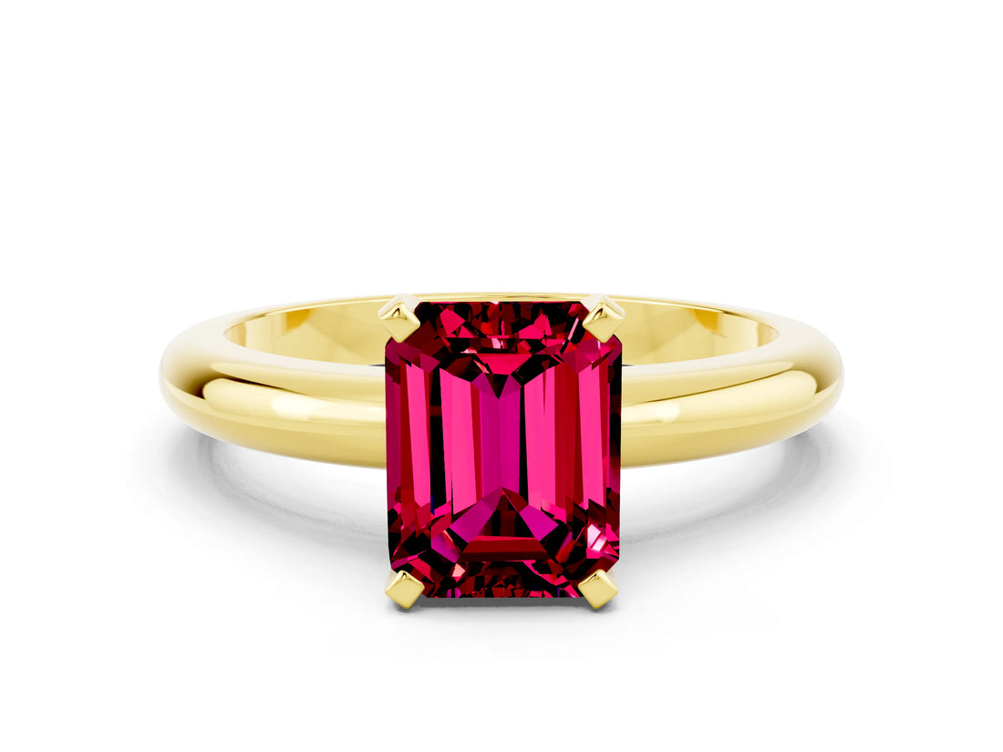 Yellow gold Emerald Cut Garnet Solitaire Engagement Ring with Round Band and Four-Prong Setting