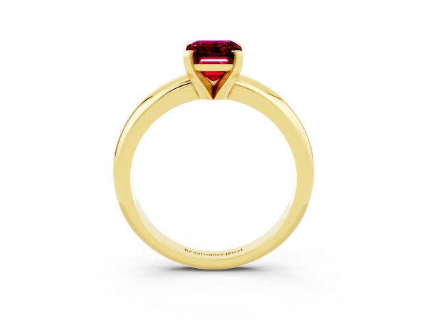 Yellow gold Emerald Cut Garnet Solitaire Engagement Ring with Round Band and Four-Prong Setting